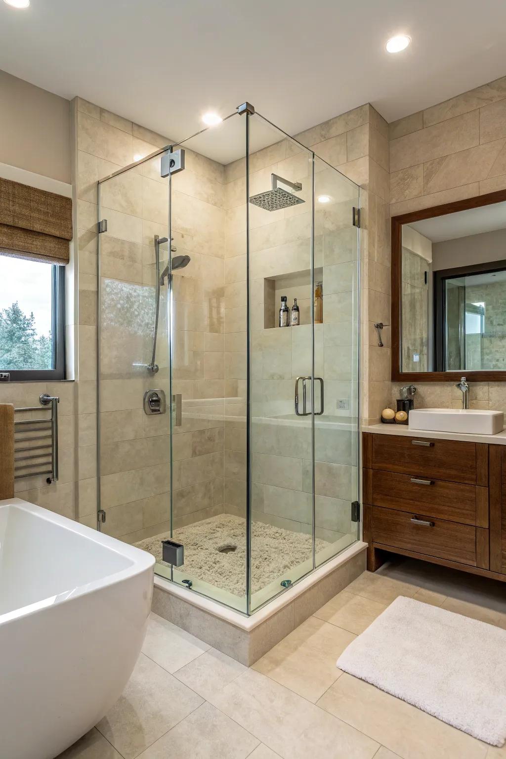 Unframed glass showers give a streamlined and expansive impression in any bathroom.