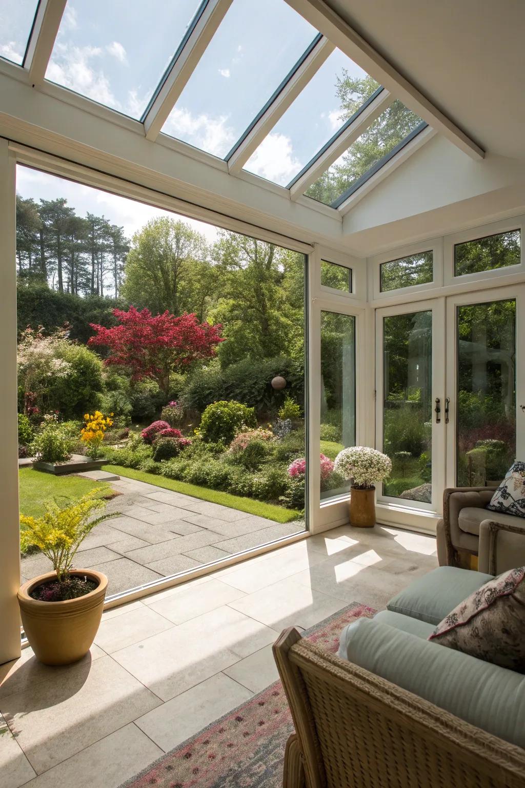 A radiant, well-ventilated area featuring expansive glass walls.