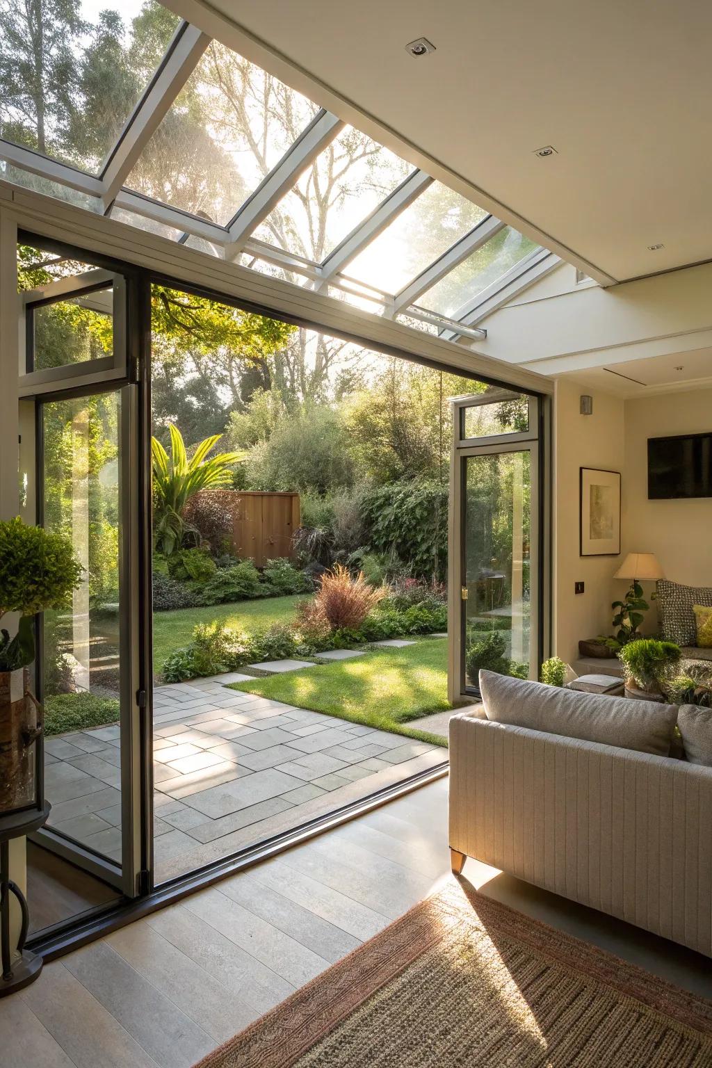 An open glass garage door creating a seamless indoor-outdoor living space.