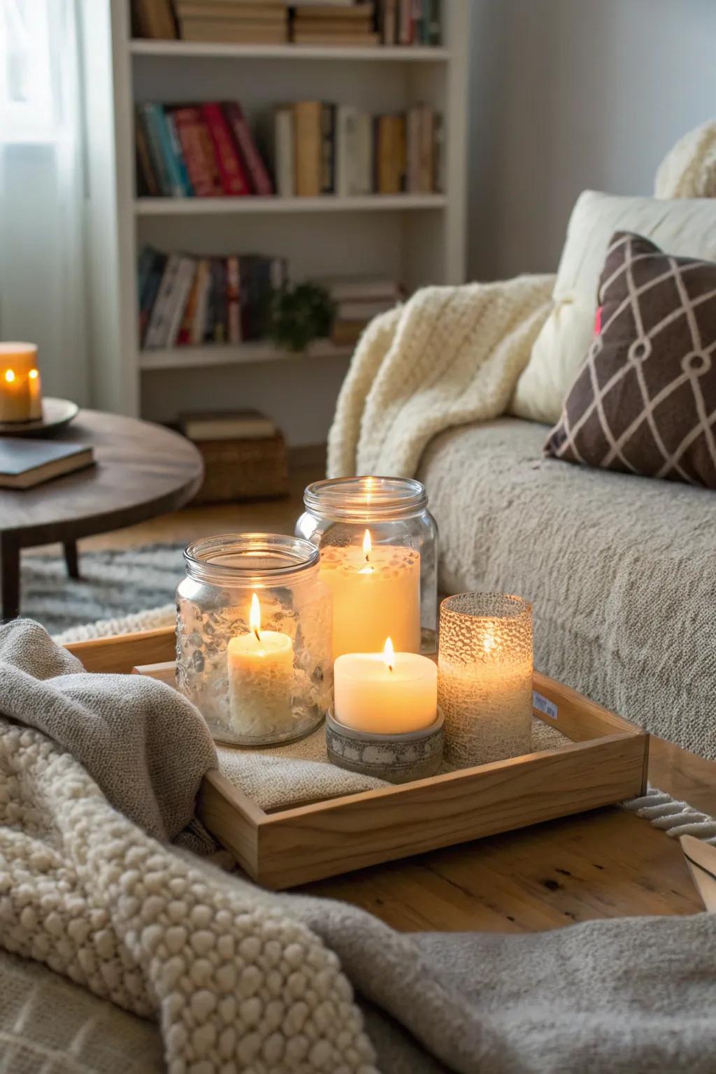 Glass containers holding string lights generate a snug ambiance.