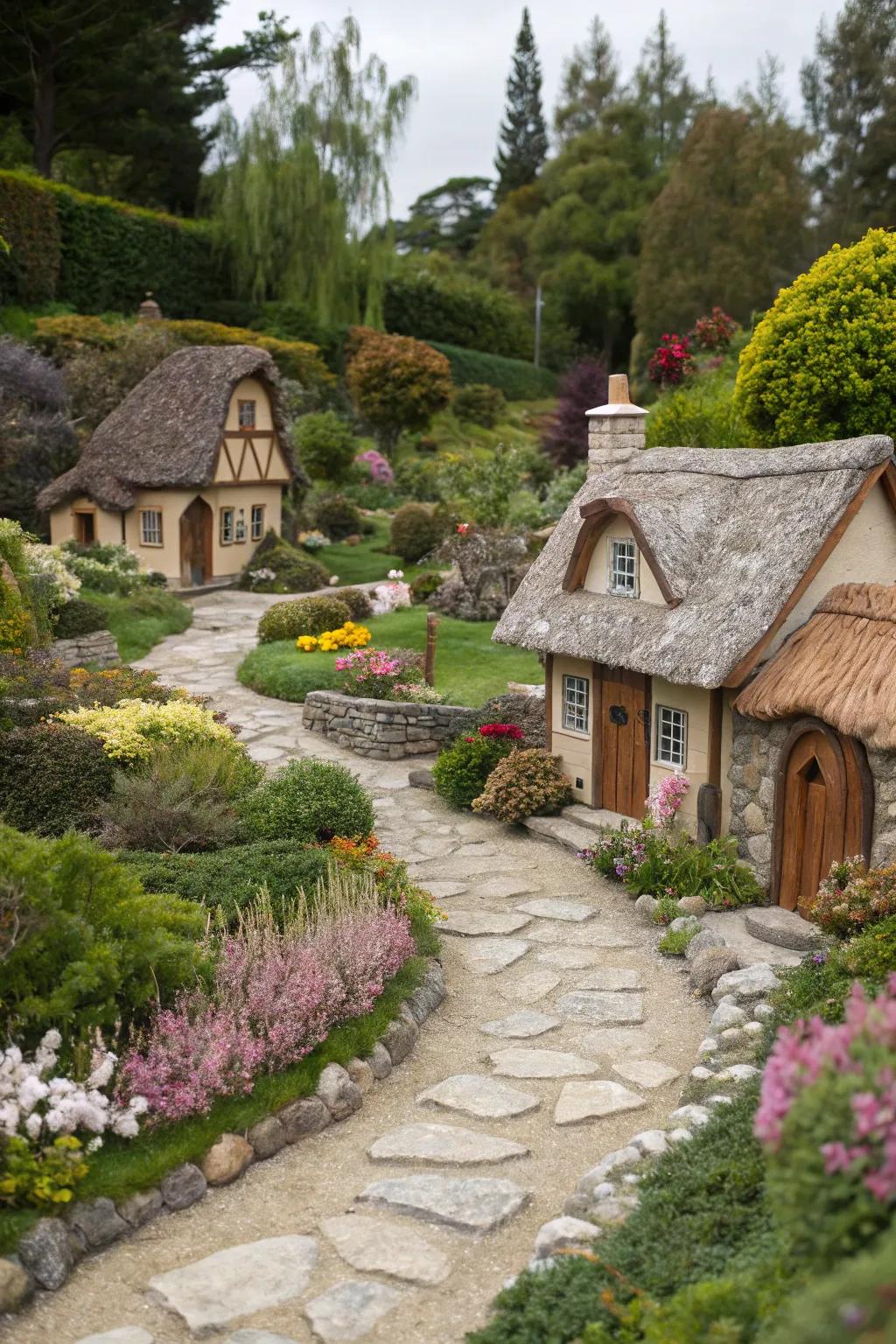 An adorable miniature village nestled amid vibrant blossoms.
