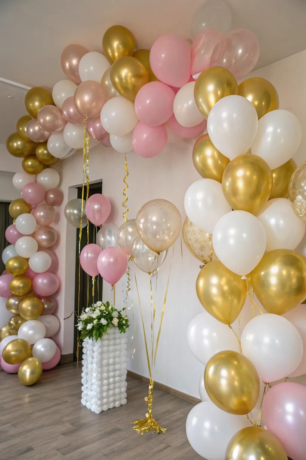 A cheerful room decorated with golden and complementary balloons, creating a celebratory atmosphere.