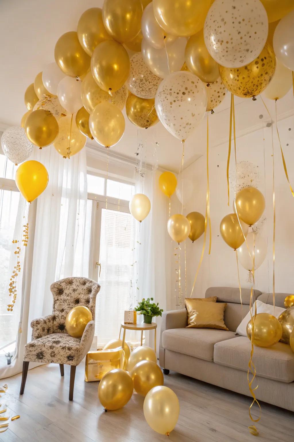 A festive atmosphere created by an abundance of golden balloons.
