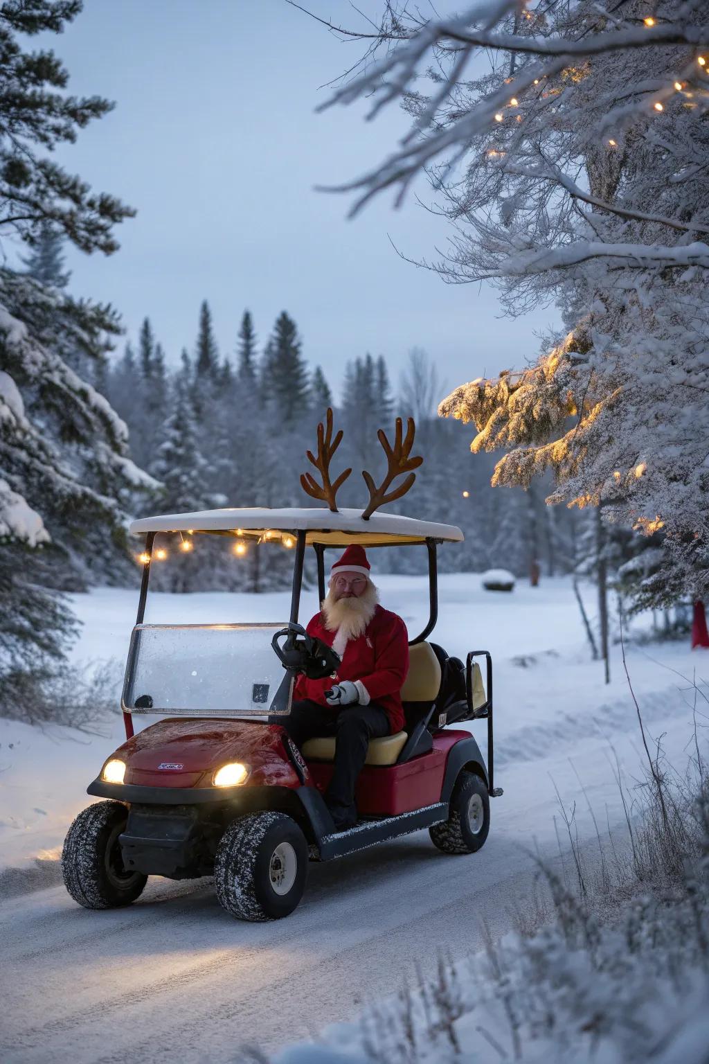 A golf cart transformed into Santa's ride, ready to spread holiday cheer.
