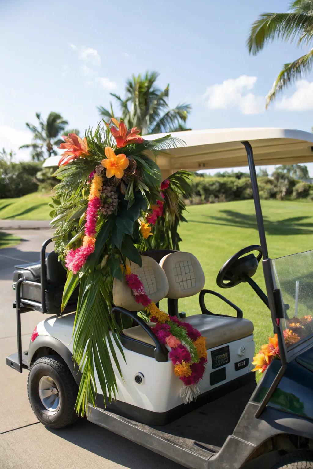Infuse your golf cart with the essence of the islands using tropical ornaments.