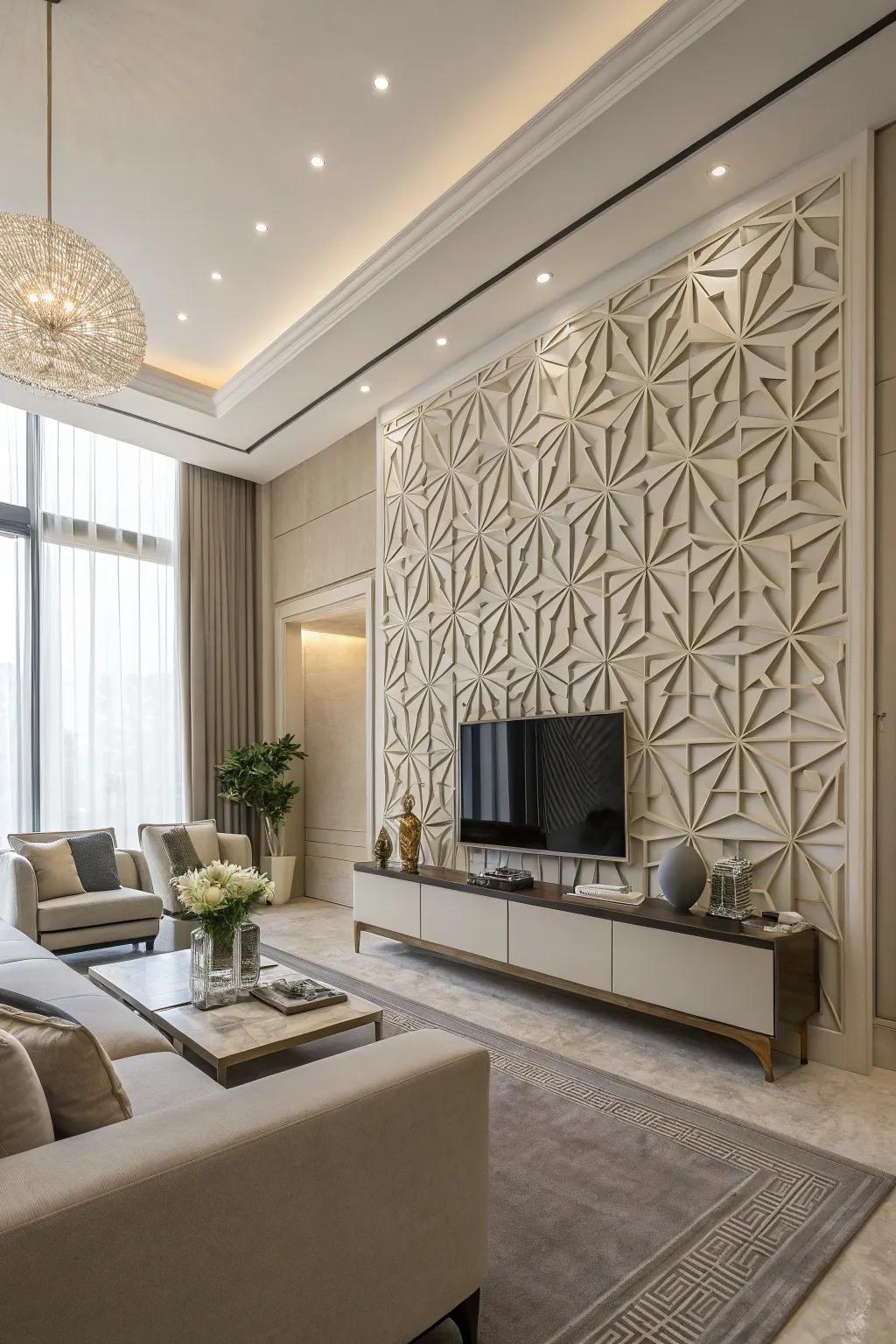 Contemporary living area showcasing geometric wall decorations.