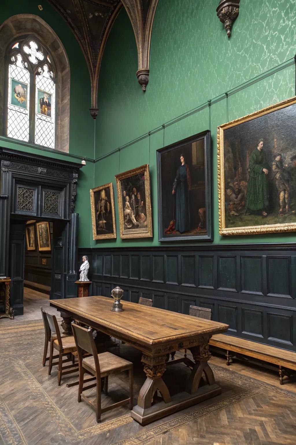 A space adorned in a vibrant, deep hued palette that radiates gothic charm.