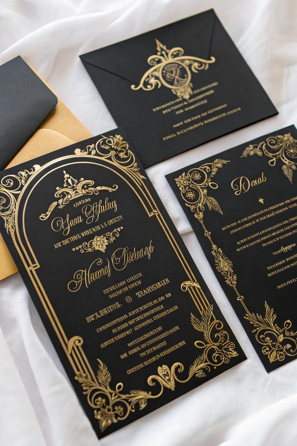 Elegant gothic wedding invitations featuring deep shades and shimmery script designs.