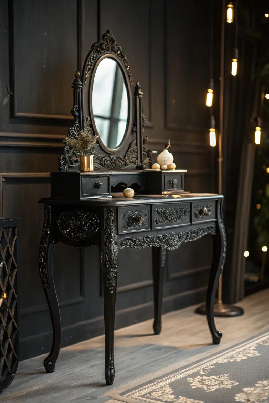 A vintage ebony dressing table with elaborate details becomes a captivating focal point.