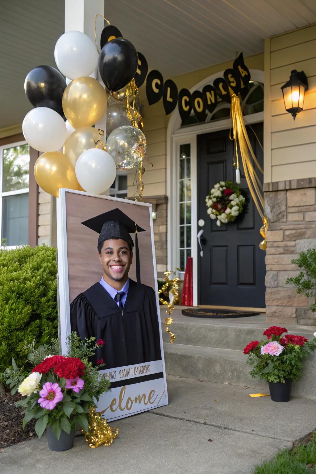 Celebrate the graduate with a customized picture display at the entrance.