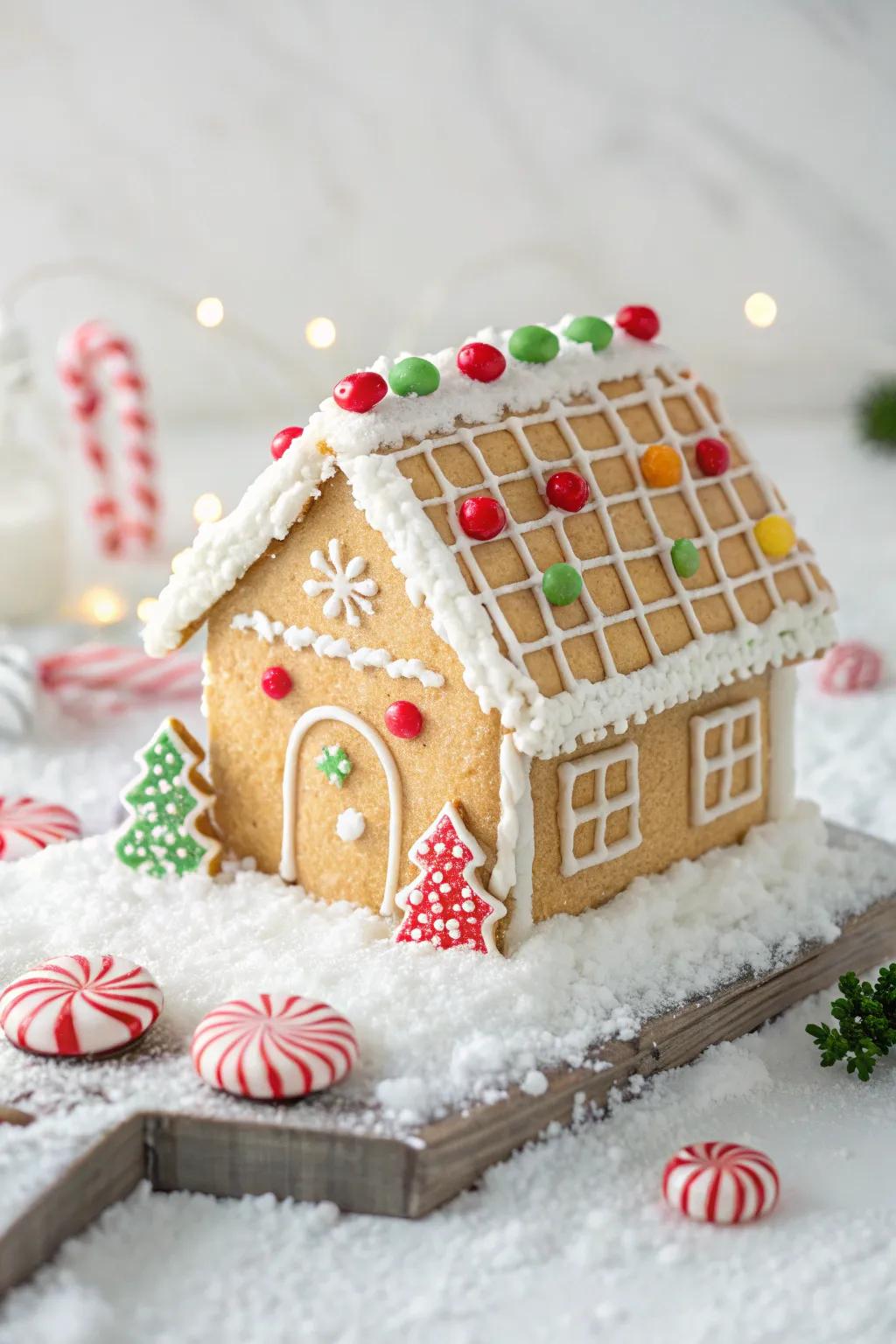 Classic cottage gingerbread house featuring a traditional candy flourish.