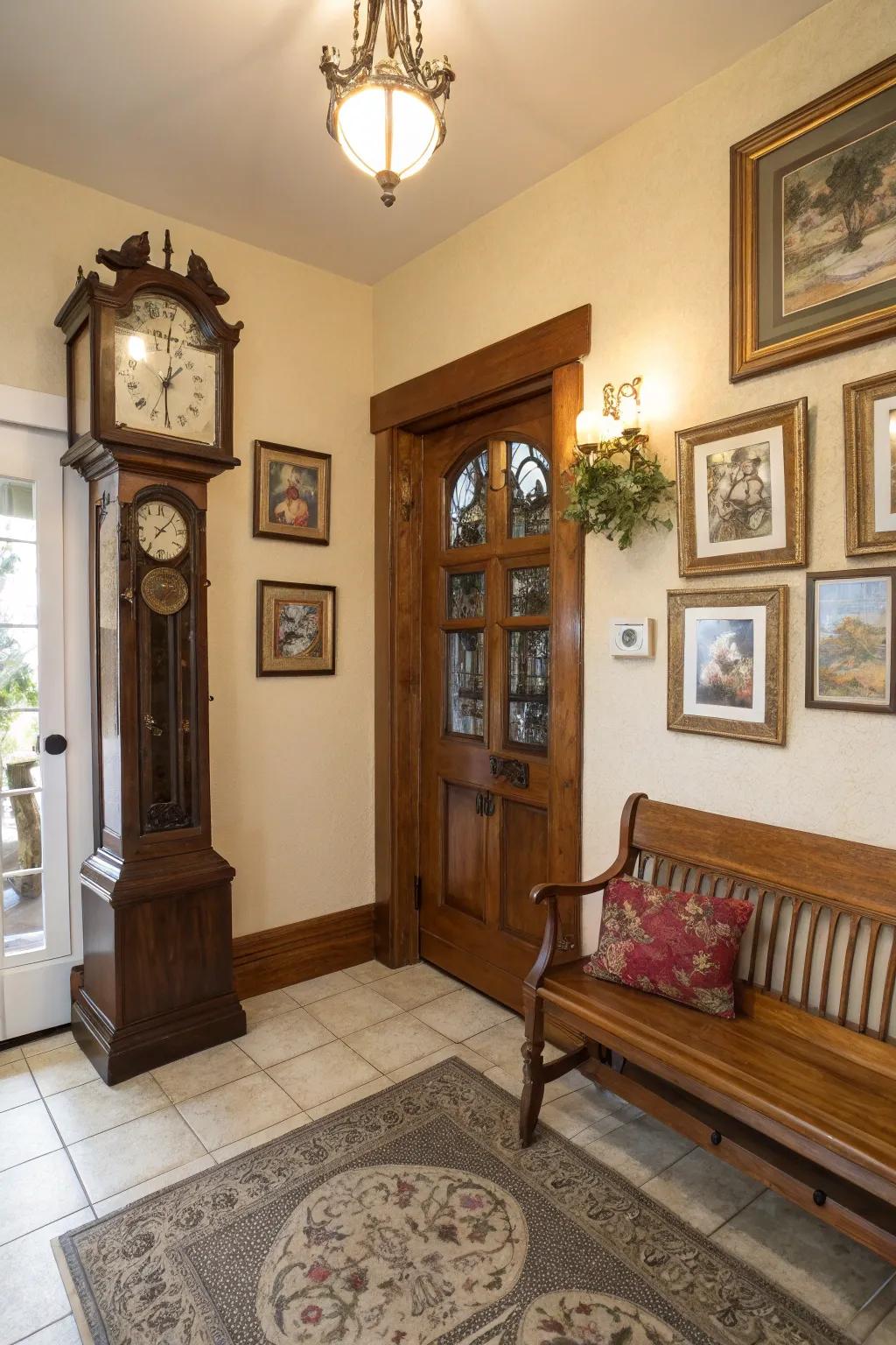 A tall case clock makes an elegant welcome in a simple entryway.