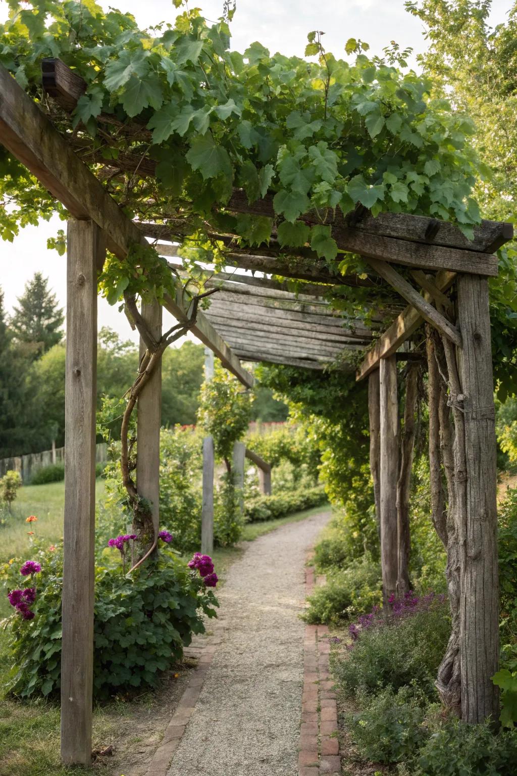 A traditional wood trellis creates a natural backdrop for your grapevines.