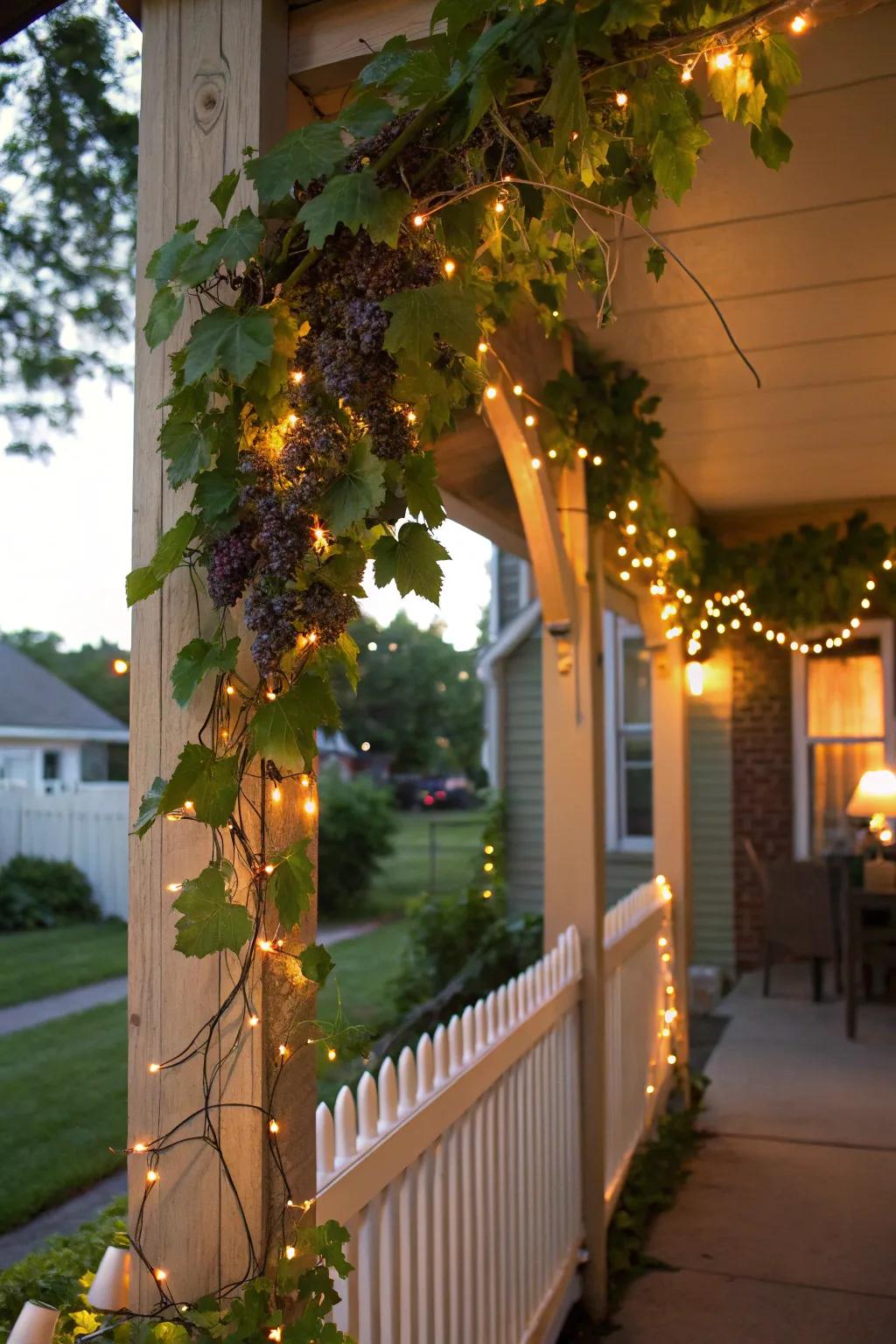 A welcoming porch ornamented with a grapevine accent and pixie lights.