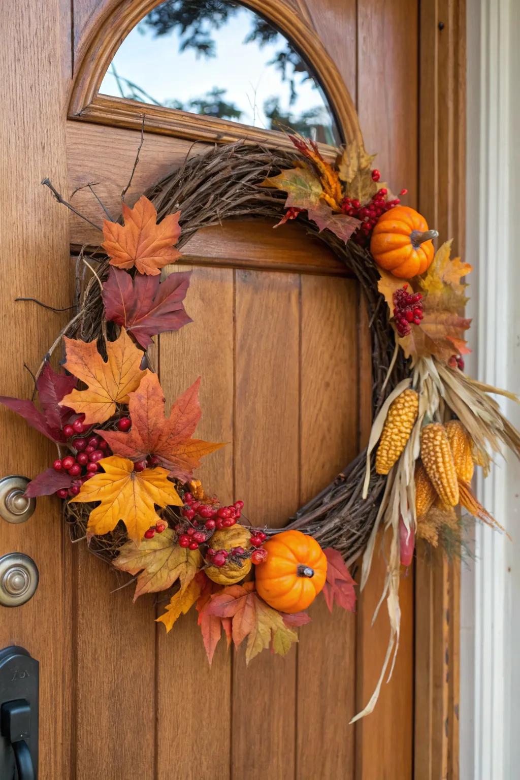 An autumn-inspired grapevine wreath showcasing gourds and leaves.
