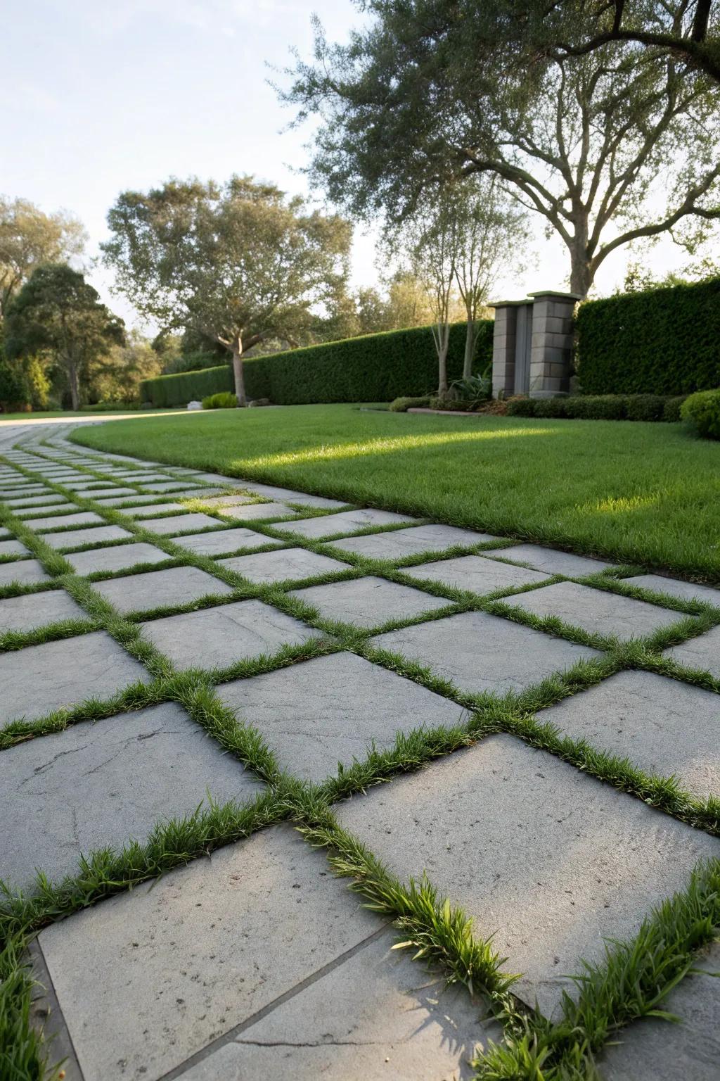 A balanced combination of concrete pavers and grass crafts a contemporary aesthetic.