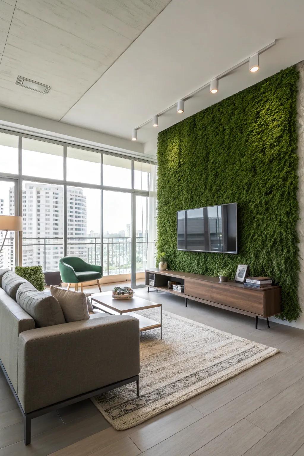 A contemporary living area showcases an expansive grass wall, crafting a rich interior refuge.
