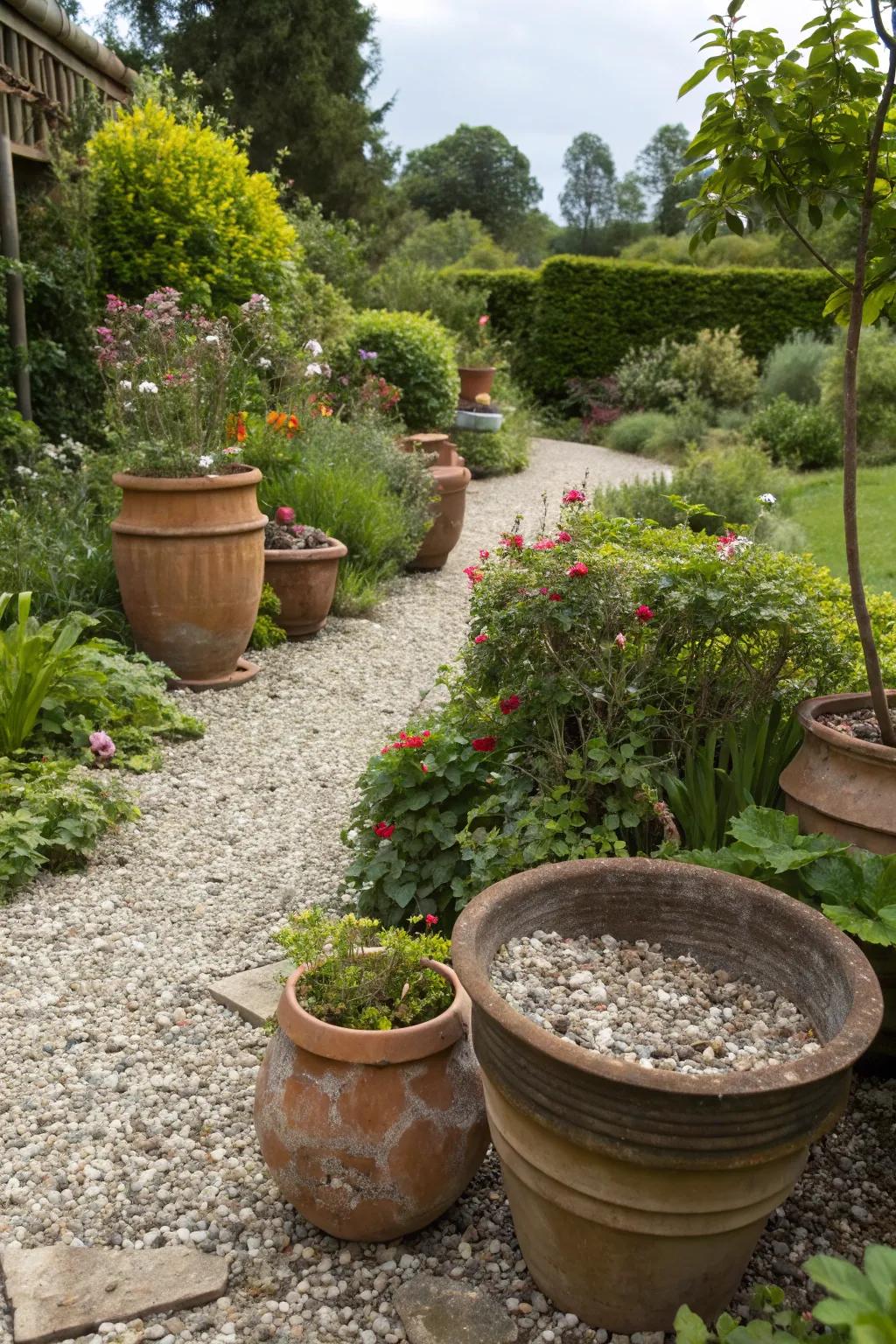 An array of container dimensions establishes a tiered composition within the gravel garden.