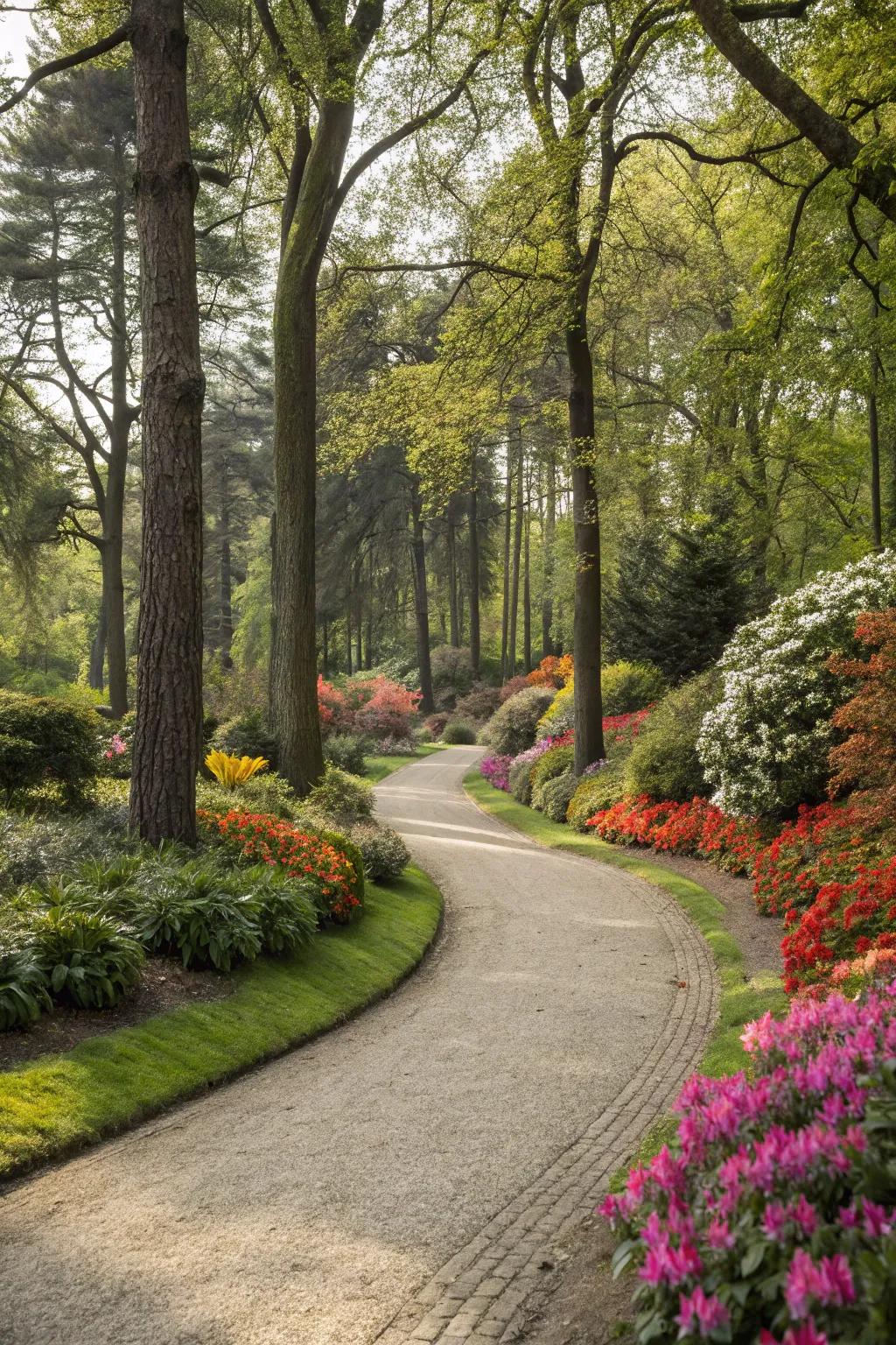 An elegantly curved gravel pathway meanders through a stunning garden.