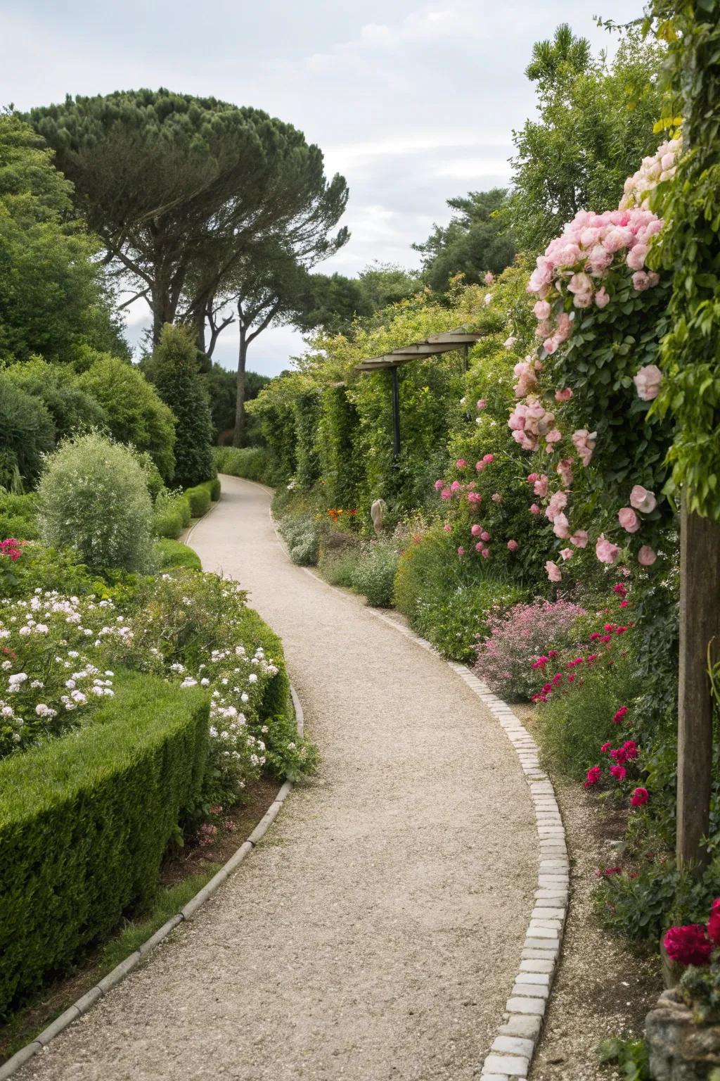 A winding crushed stone route flowing through a vibrant garden