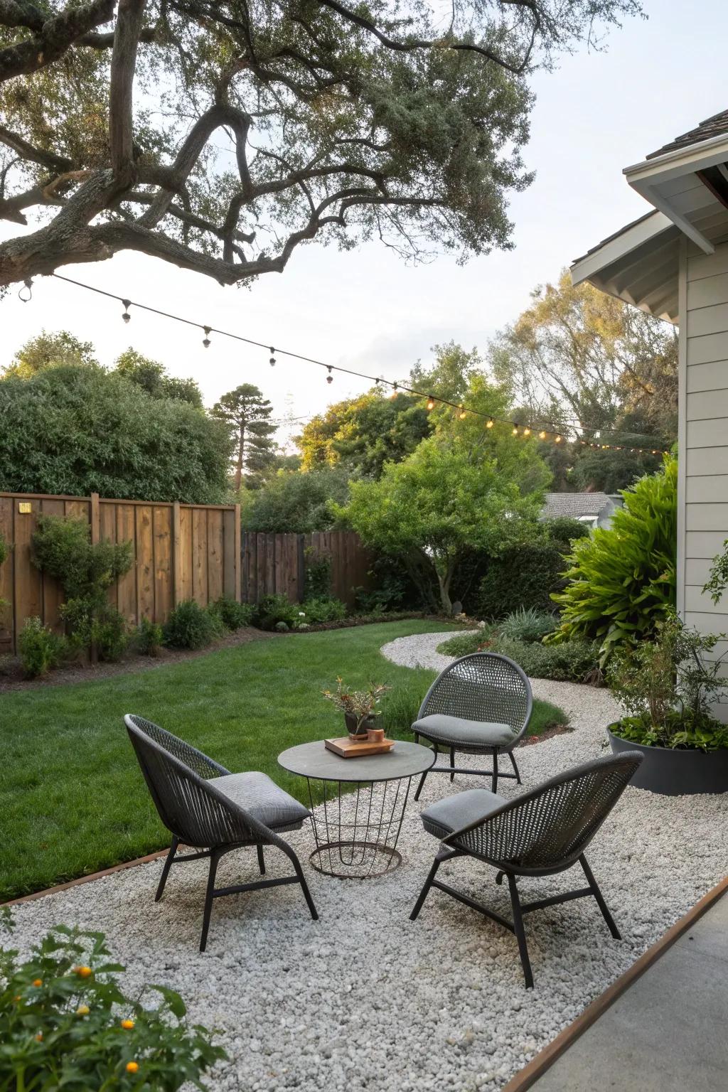 A peaceful outdoor seating area with gravel, creating an inviting space for relaxation.