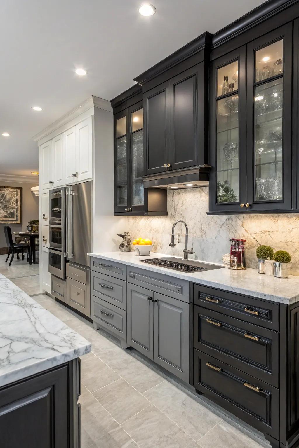 Distinctive cabinets enrich the kitchen's visual appeal.