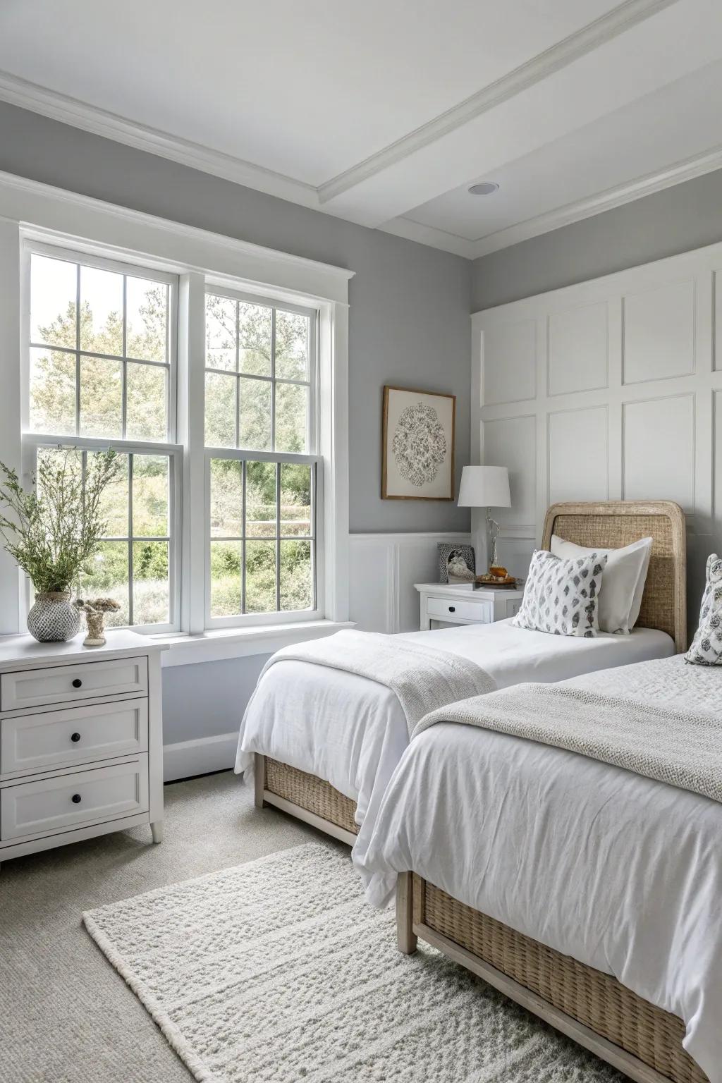 A classically styled gray and white bedroom bathed in natural light.