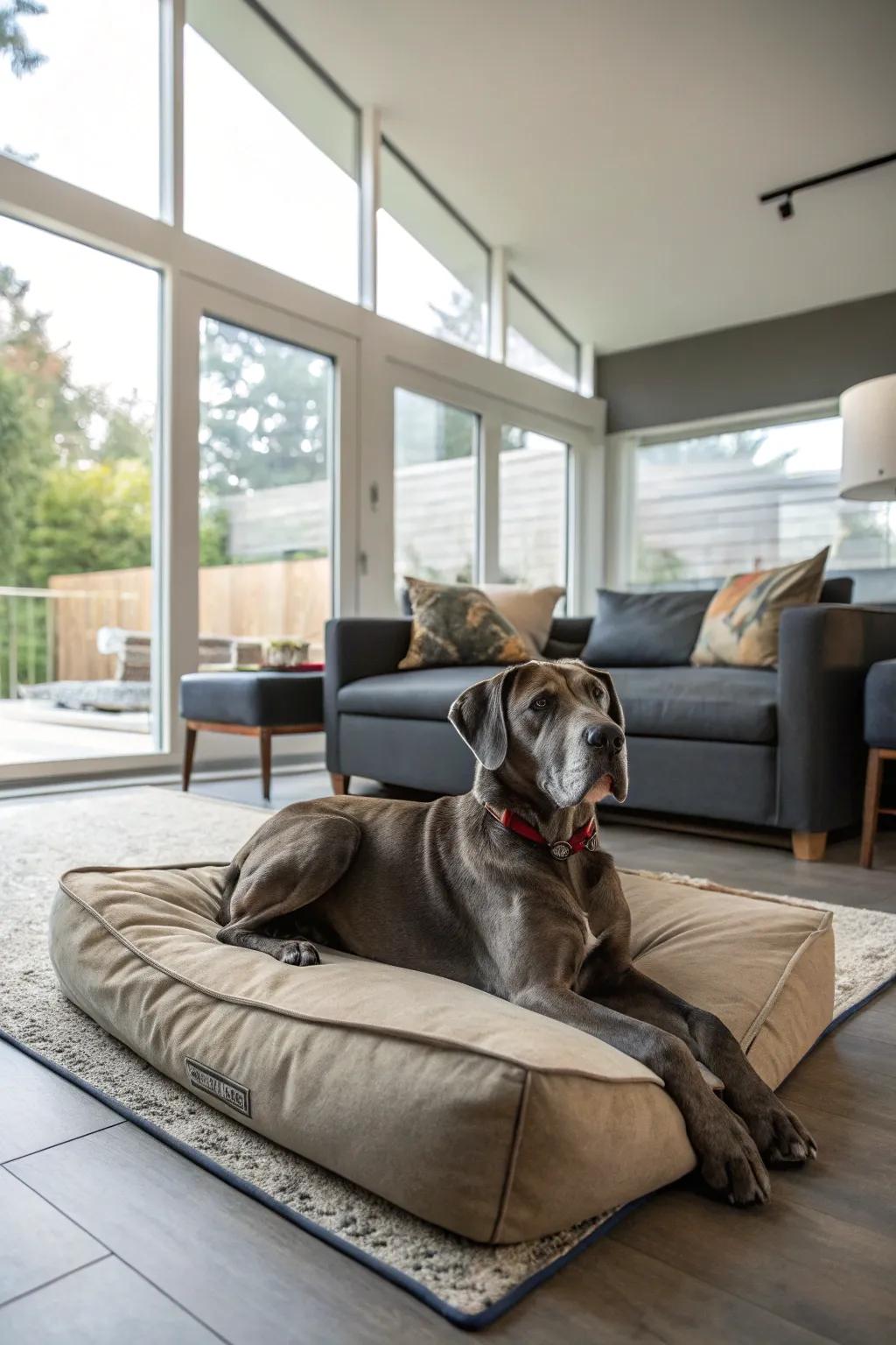 An oversized pillow can be turned into a comfortable and chic dog bed for your Great Dane.