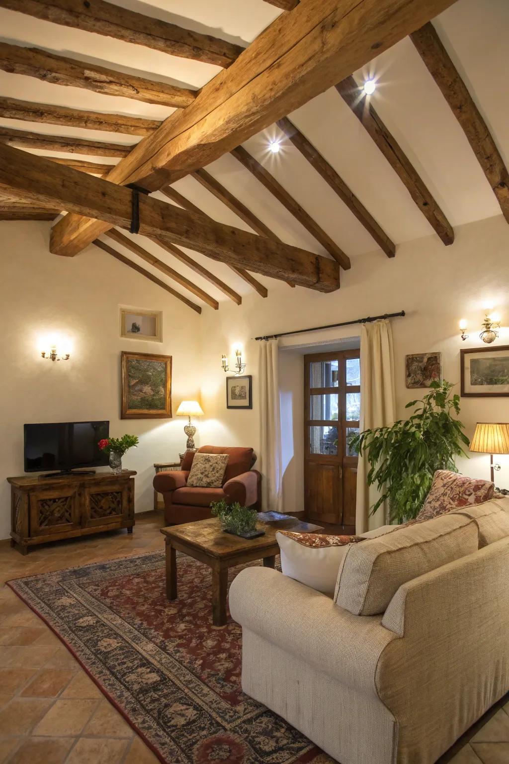 Visible wooden beams bestow a rustic allure upon any living area.