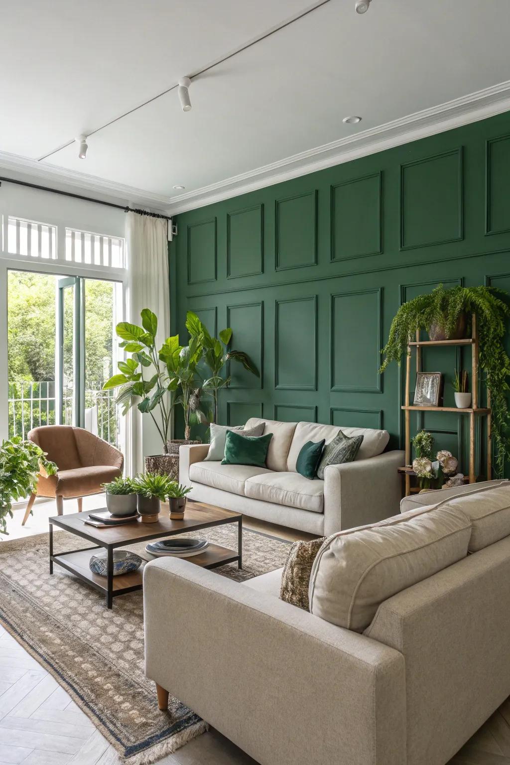 Deep green walls create a serene and modern living area.