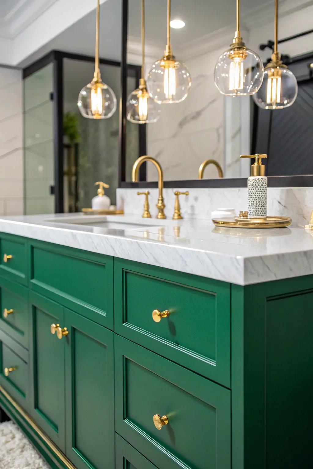 A jewel-toned console beautifully enhanced with luxurious gold hardware.