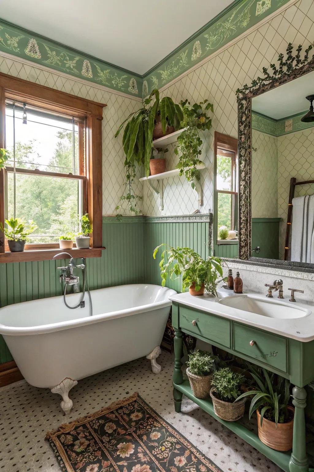 An ageless bathroom haven showcasing refined green beadboard.