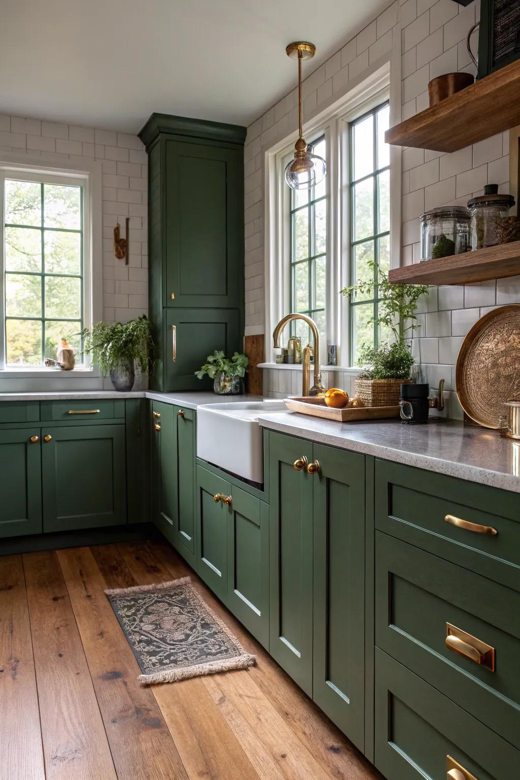 Elegant kitchen featuring deep forest green cabinets and sophisticated brass accents.
