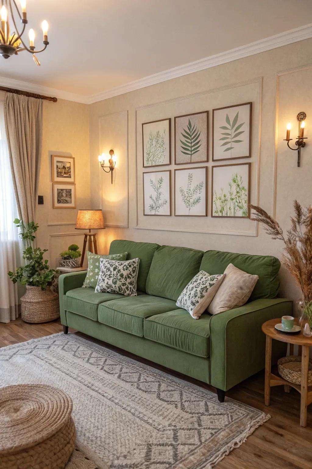 Neutral hues establish a perfect equilibrium with the boldness of a green couch, ensuring a tranquil setting.