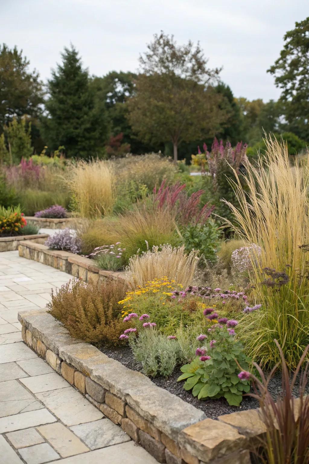 A lively garden showcasing a range of native plants thriving in harmony.