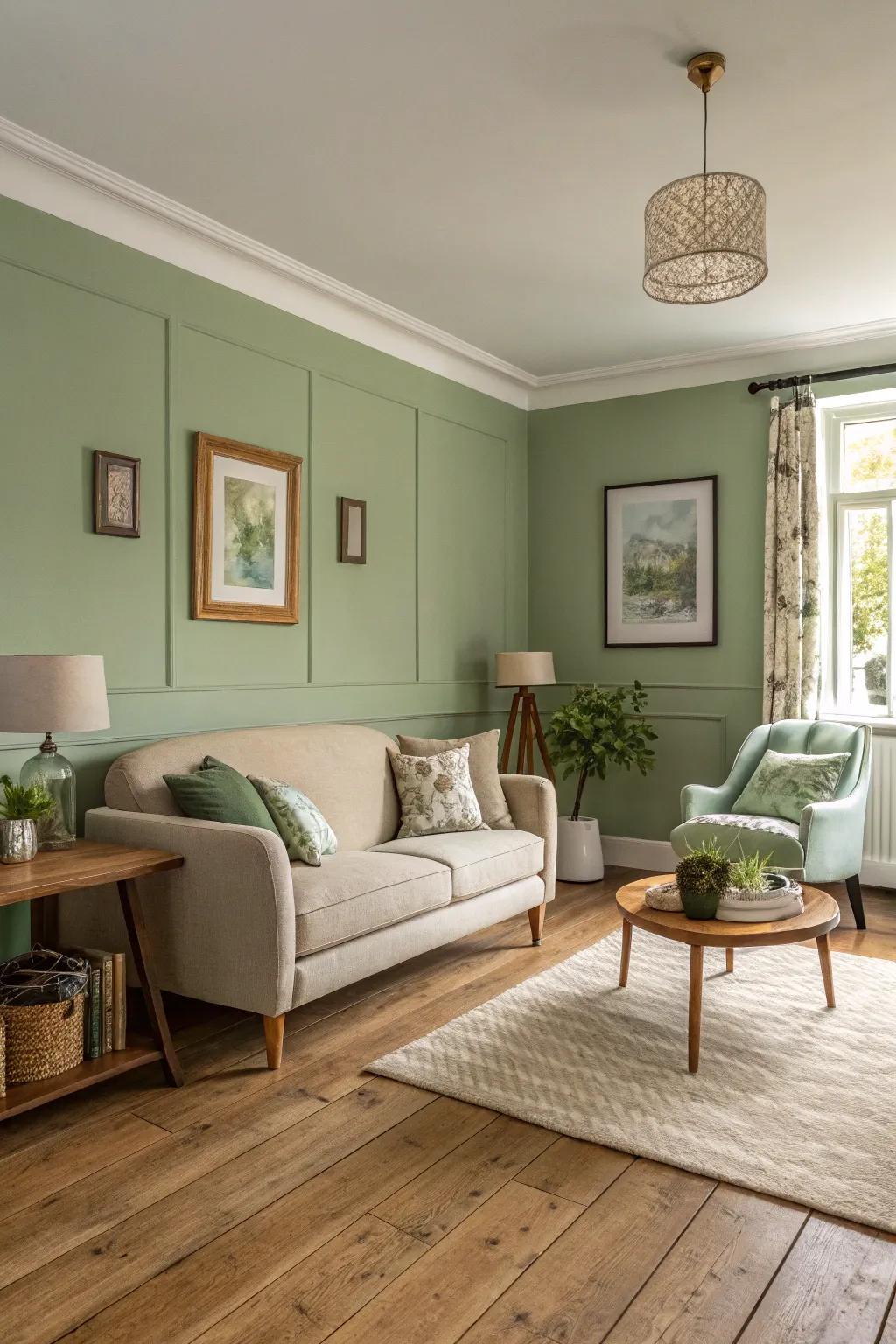 Muted green walls provide a soothing, stylish feel.