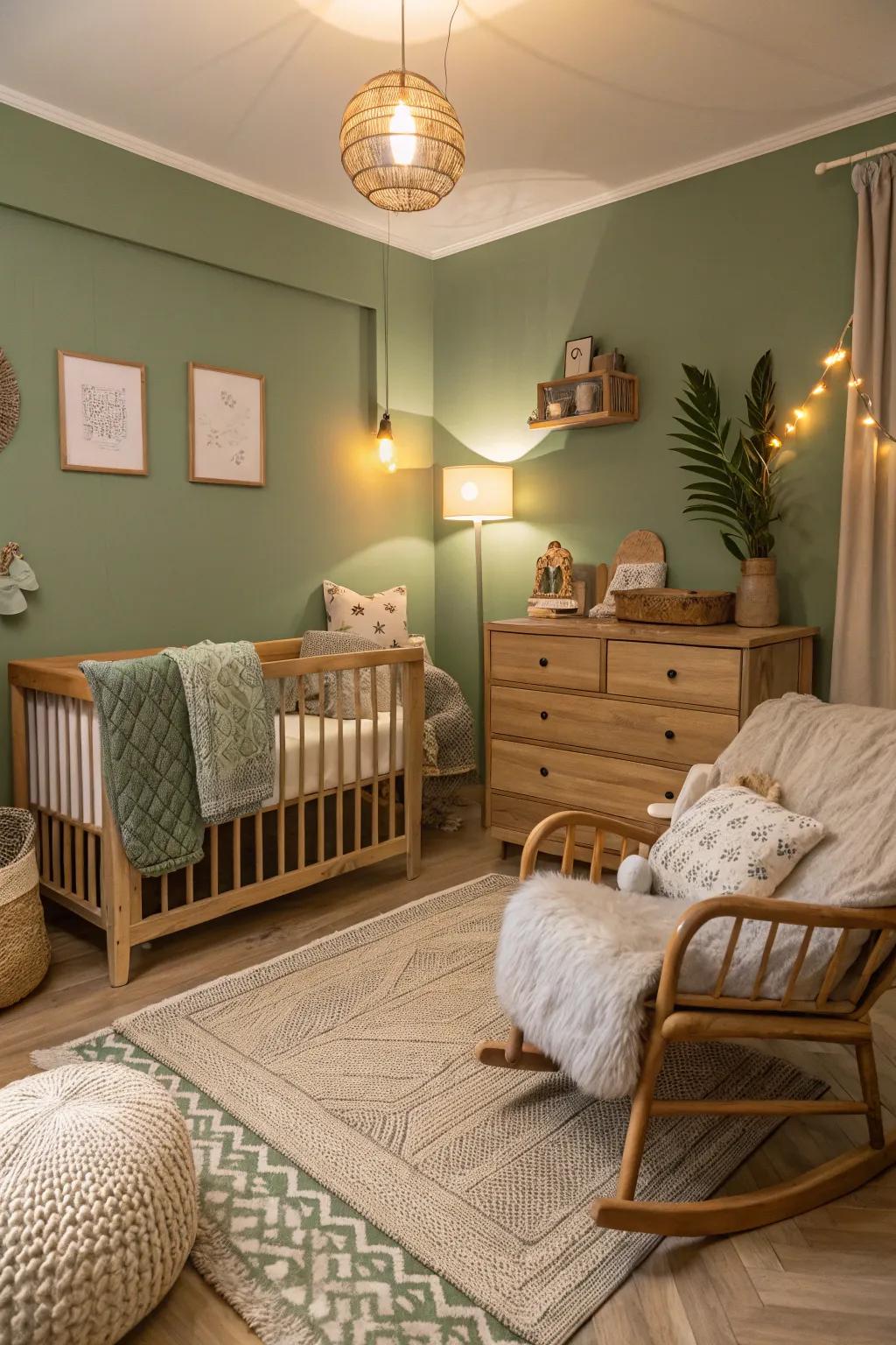 A tranquil sage green nursery complemented by timber details.
