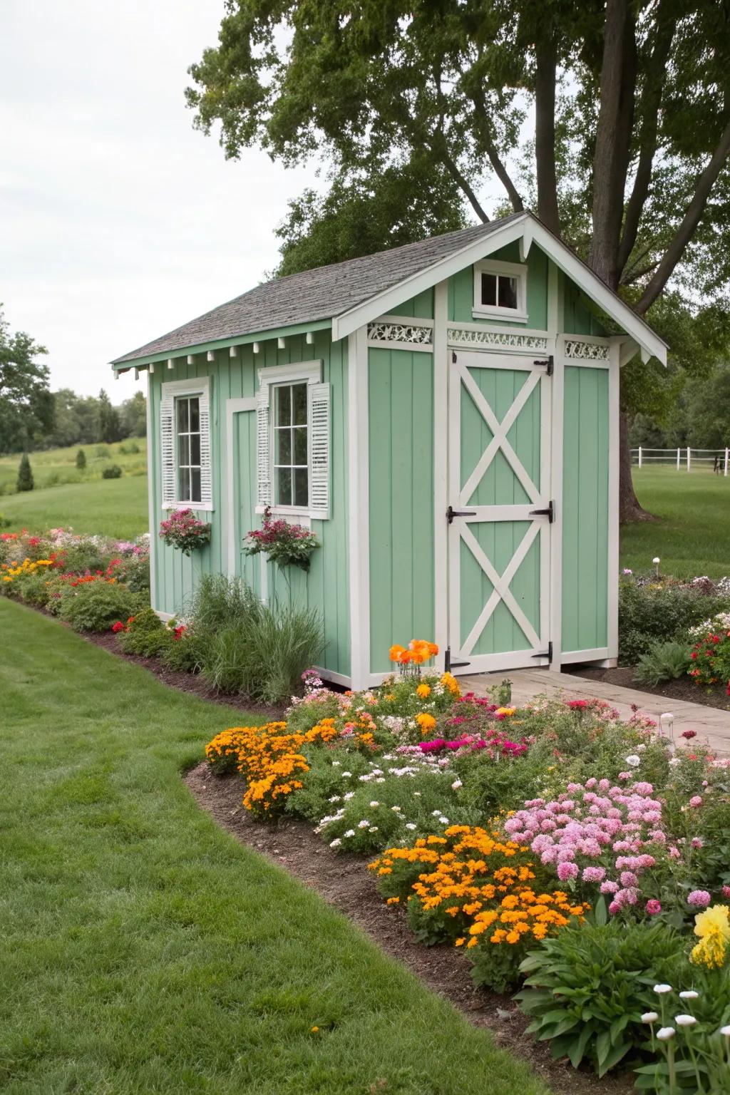 A mint green shed brings a lively, fresh element to any garden.