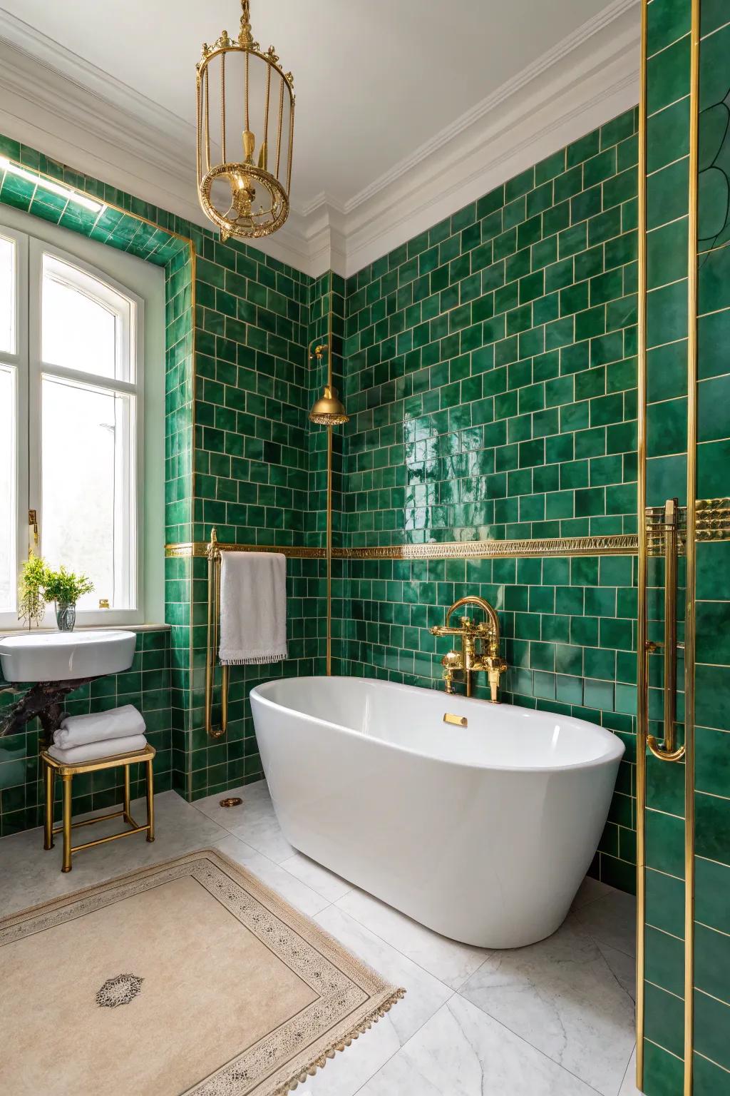 Emerald green tiles bring a hint of luxury to your bathroom space.