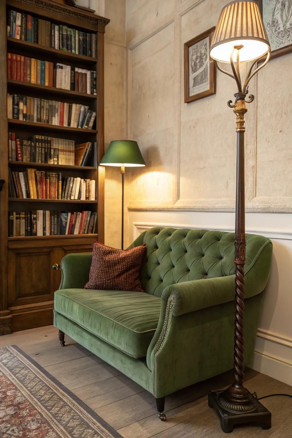 An inviting reading corner showcasing a verdant plush settee, ideal for unwinding.