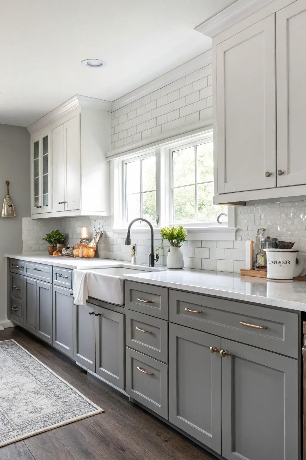 Monochrome cabinetry presenting a stylish balance of grey and white