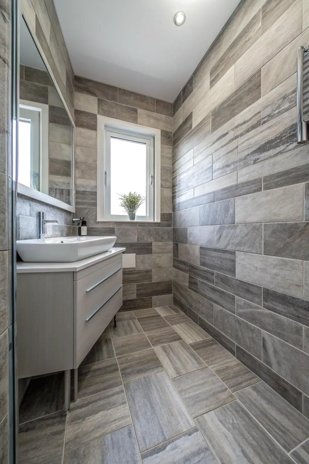 A seamless combination of light and dark grey tiles produces an impressive visual effect.