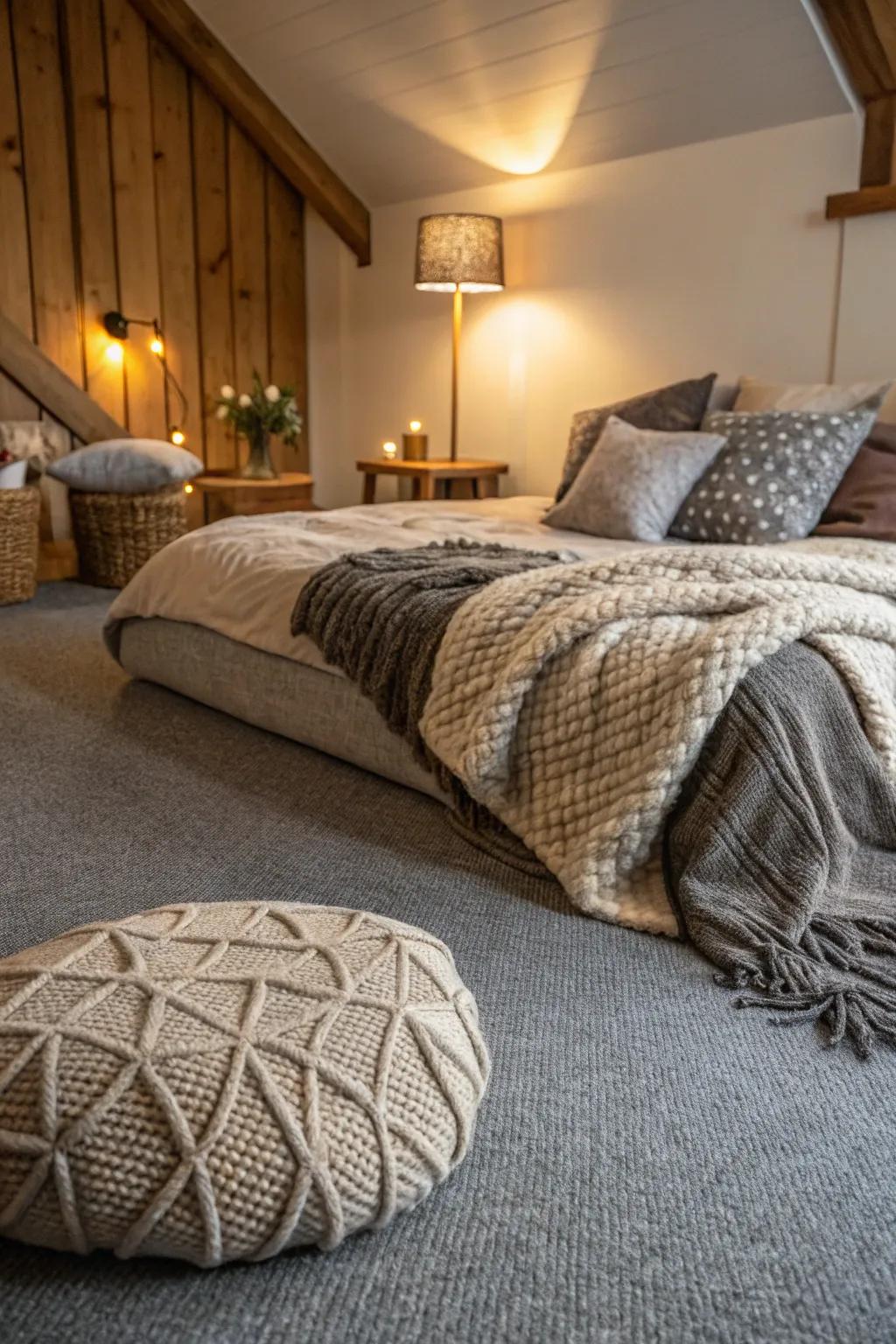 Soft textures enrich the elegance of this bedroom with a grey carpet, enhancing its warmth and depth.