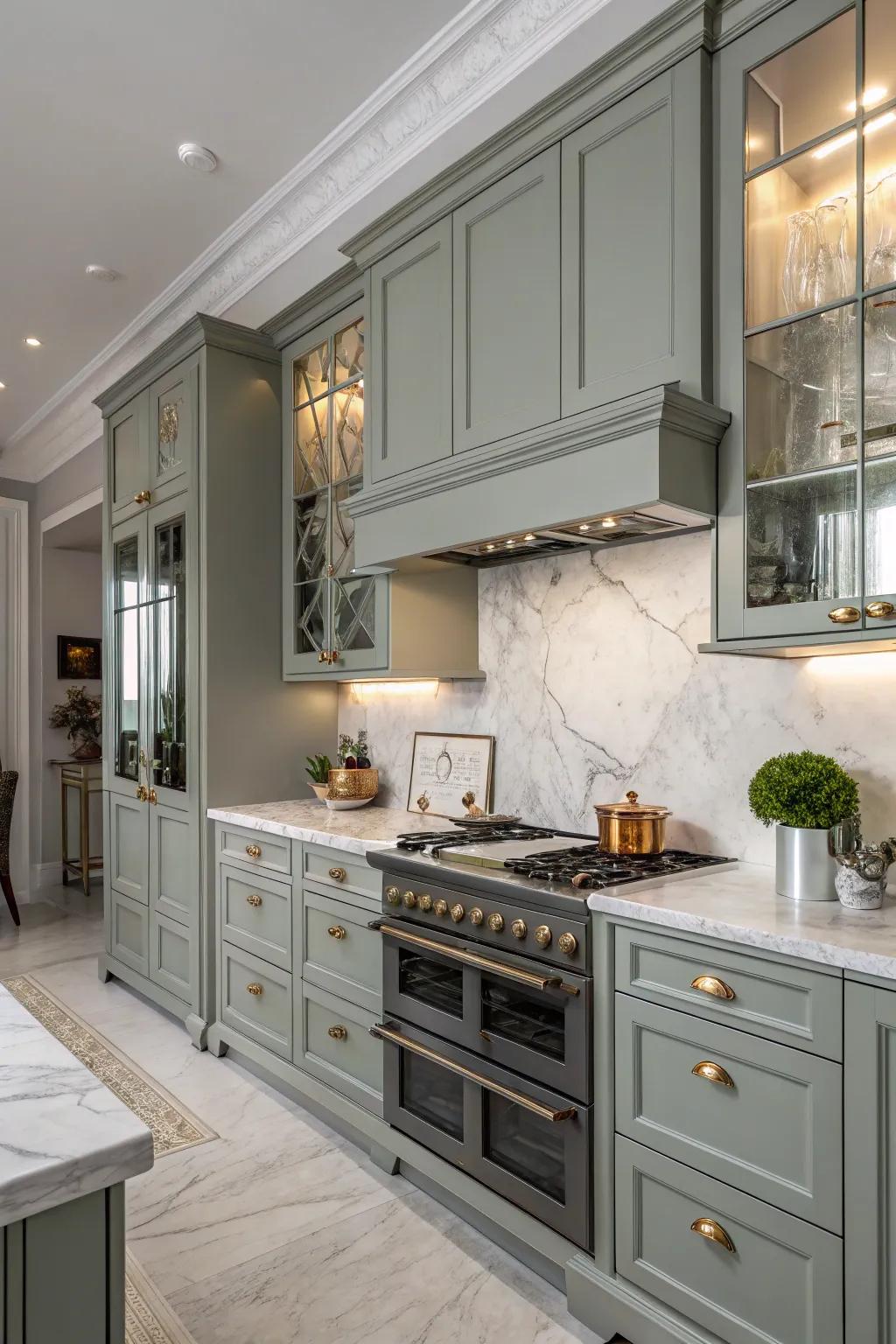 A classic kitchen featuring grey-green cabinets beautifully paired with marble countertops.