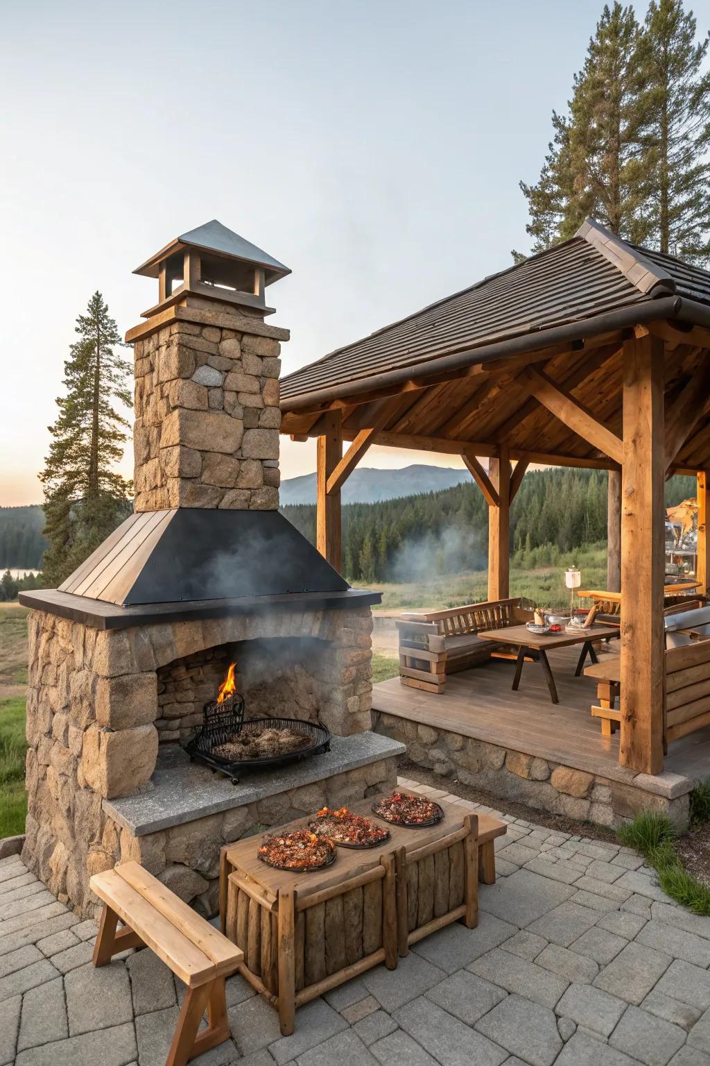A charming grilling gazebo showcases the combination of natural wood and stone elements.