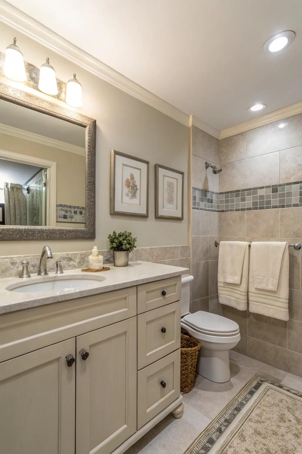 A guest bath showcasing a soothing neutral color story featuring soft beige and gray shades.