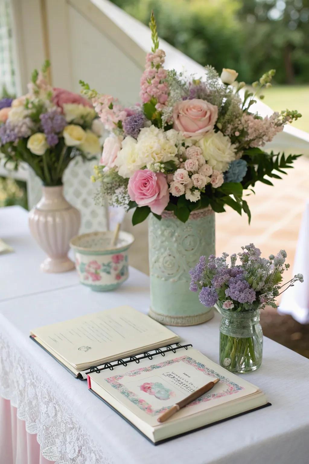 A guest book table featuring exquisite floral displays.