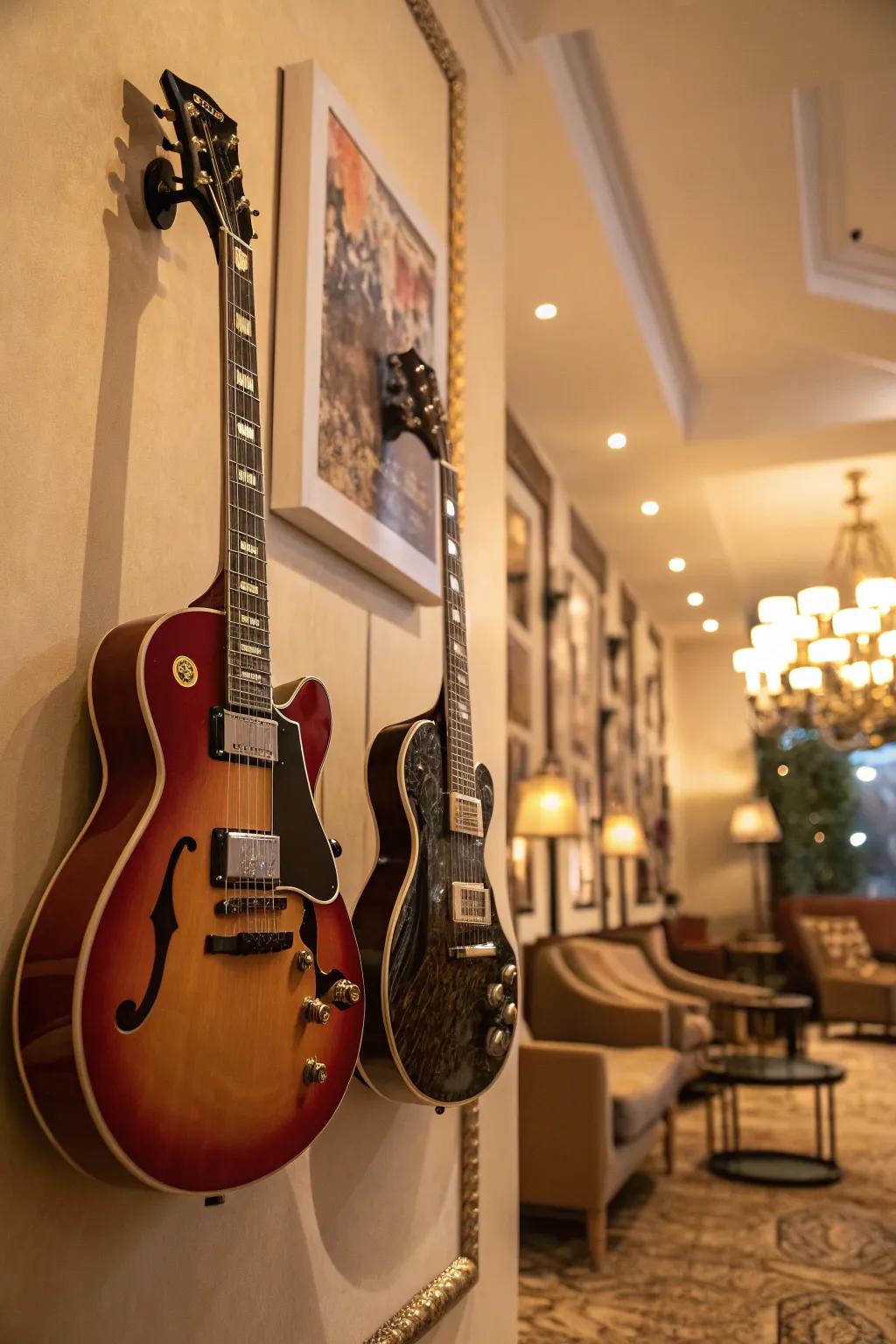 Guitars are tastefully arranged on the wall, where practicality meets artistry.