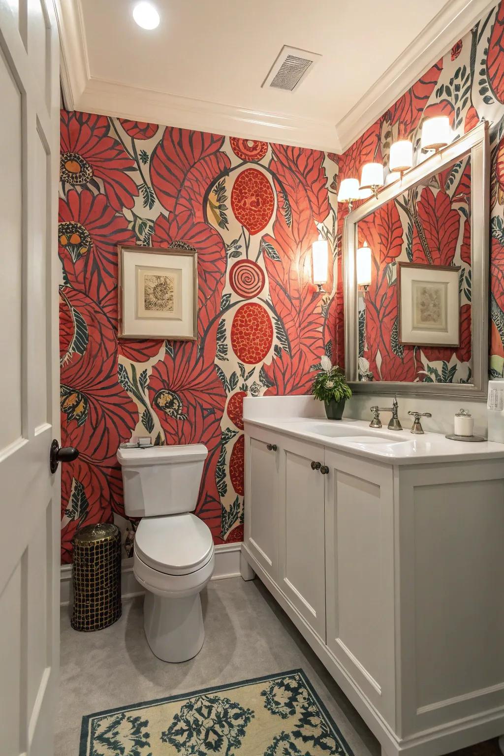Make a bold statement in your powder room with eye-catching, patterned wallpaper.