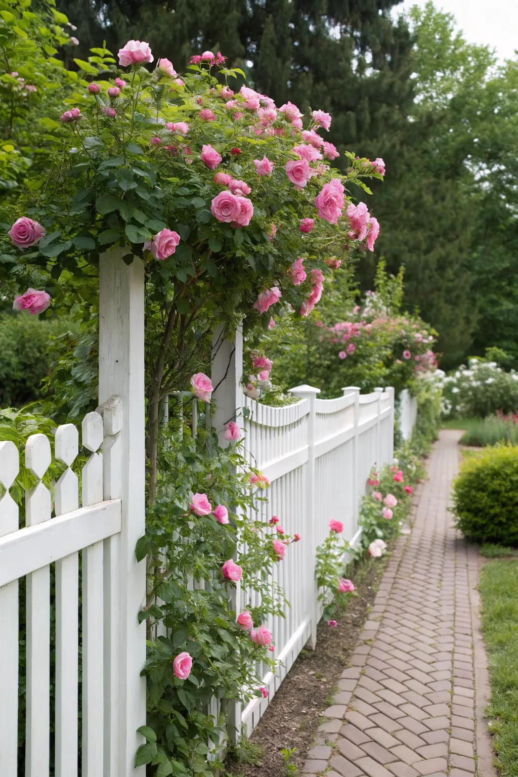 A short picket fence dotted with roses contributes a romantic flair to your garden's aesthetic.